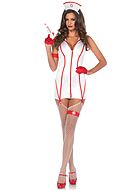 Sykepleier, kostyme-kjole, innbygd strømpebåndsstropp, glidelås på forsiden